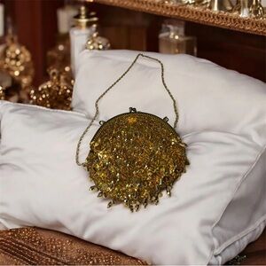 VTG Gold Dangling Beaded Sequin Yellow Satin Baguette Evening Bag Clutch Purse